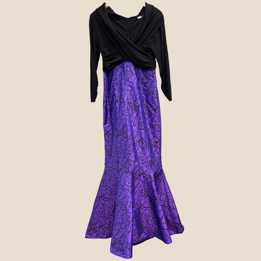 Marisa Baratelli Black Purple Floral Ruched Surplice Mermaid Evening Gown 10